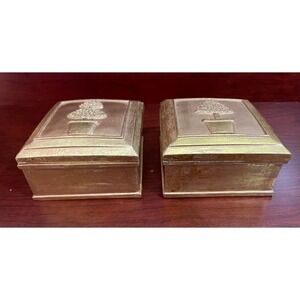 Set Of Heavy Stoneware Gold Trinket Boxes Decorative Topiary Tree On Each Lid